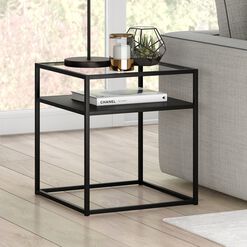 Gia Square Black Metal Glass Top End Table with Shelf
