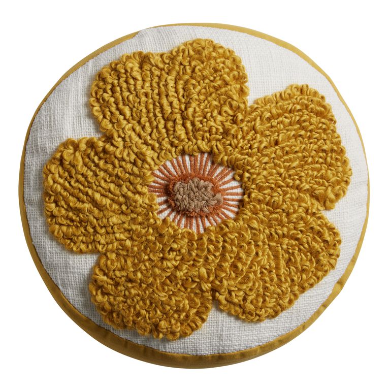 Round Mustard Tufted Flower Throw Pillow image number 1