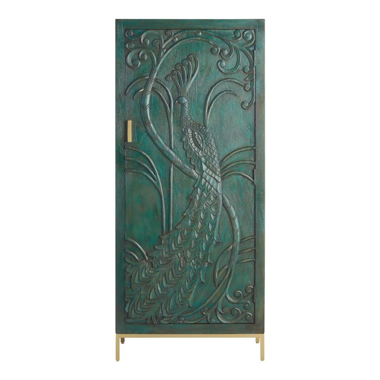 CRAFT Teal Carved Wood Peacock Storage Cabinet image number 3