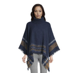 Navy Blue And Brown Plaid Stripe Boucle Turtleneck Poncho