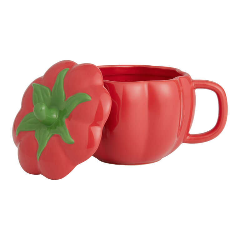 Red Tomato Figural Ceramic Mug With Lid image number 2