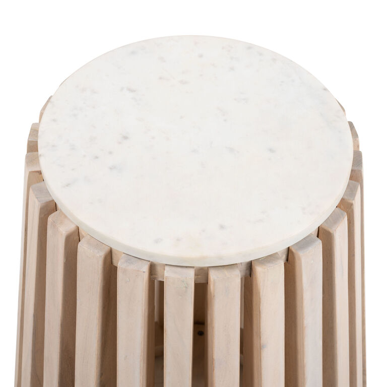 Winslow Round White Marble Top and Slatted Wood Side Table image number 2
