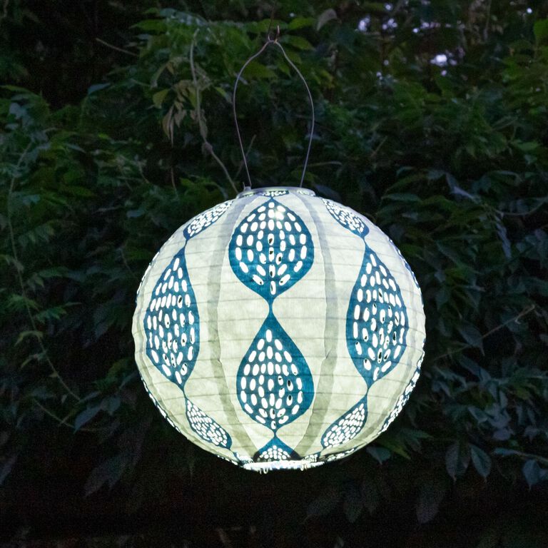 Round Indigo Blue Leaf Fabric Solar LED Lantern image number 5