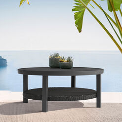 Rhodes Round Black Metal Outdoor Coffee Table with Shelf