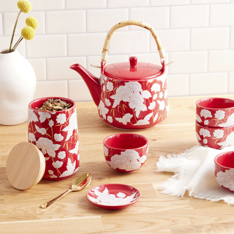 Red and White Ceramic and Bamboo Floral Teapot image number 2