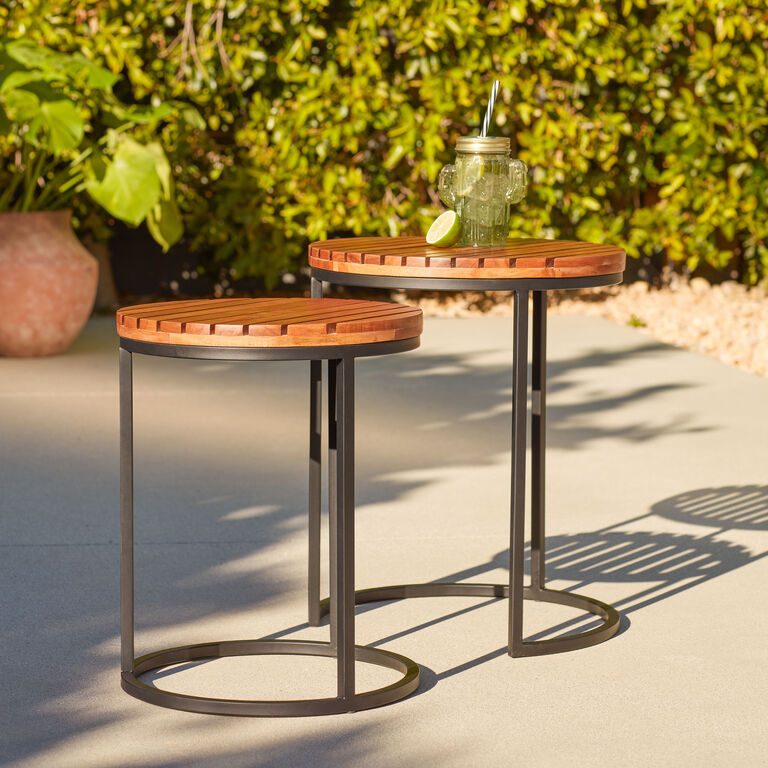 Duca Round Wood and Metal Outdoor Nesting Tables 2 Piece Set image number 2