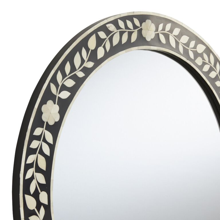 Round Black And White Floral Bone Inlay Wall Mirror image number 3