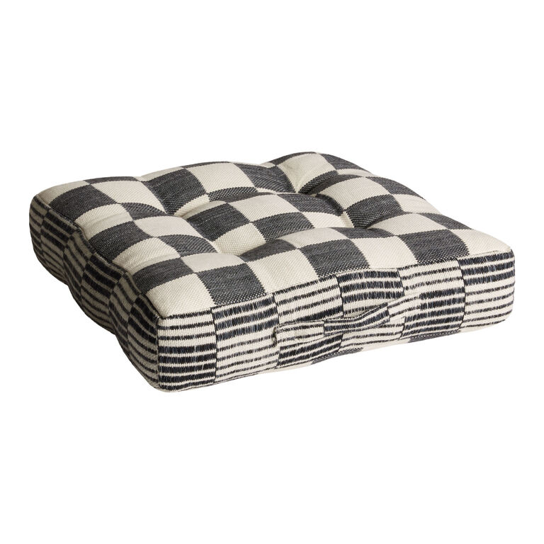 Black and Ivory Checkered Indoor Outdoor Floor Cushion image number 1