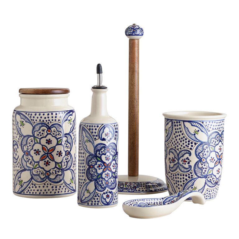 Tunis White and Blue Ceramic Oil Bottle image number 2