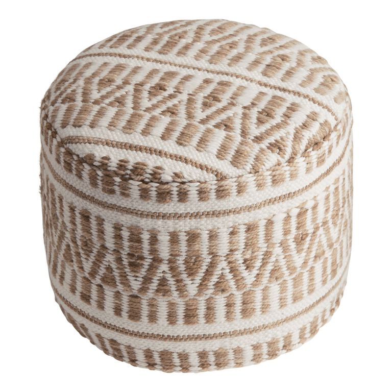 Round Taupe And Ivory Geometric Indoor Outdoor Pouf image number 1
