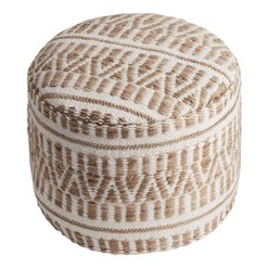 Round Taupe And Ivory Geometric Indoor Outdoor Pouf