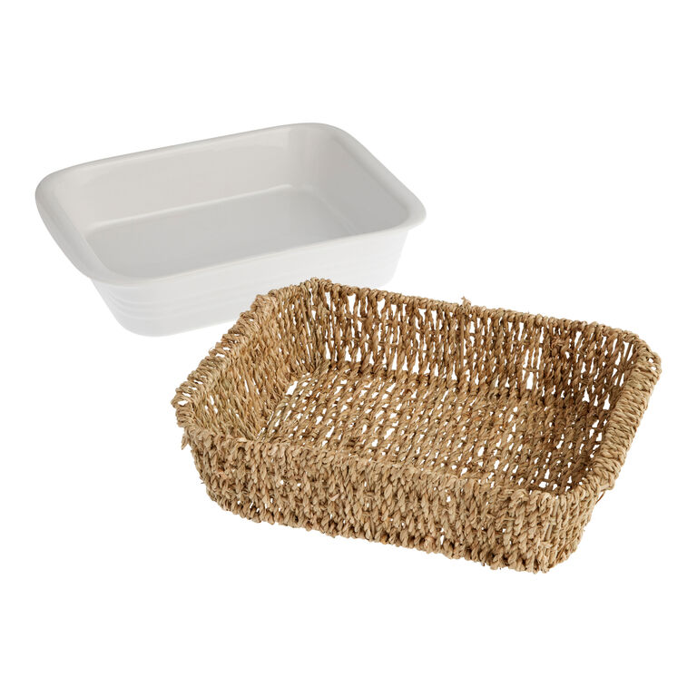 White Ceramic Baking Dish with Seagrass Trivet image number 3