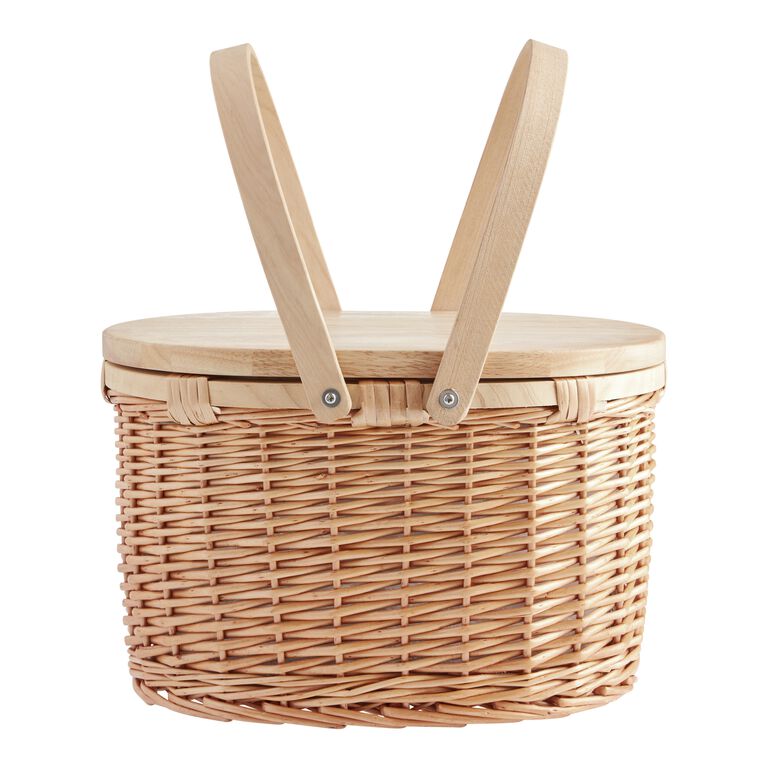 Natural Wicker and Pine Wood Insulated Picnic Basket image number 1
