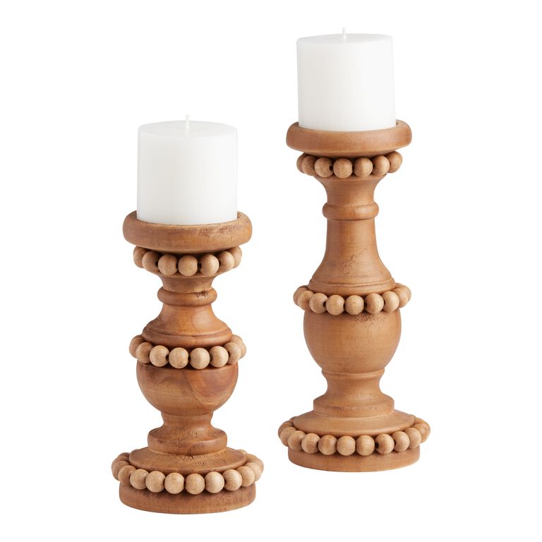 Natural Wood Beaded Pillar Candle Holder image number 1