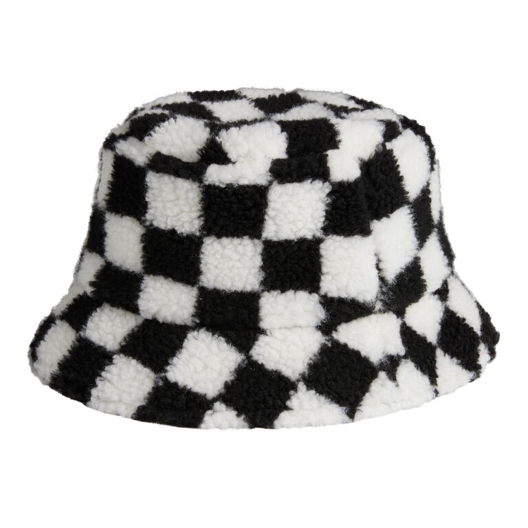 Black And White Sherpa Checkered Reversible Bucket Hat image number 1