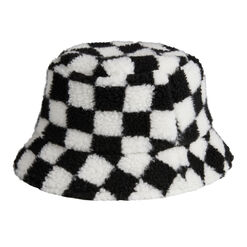 Black And White Sherpa Checkered Reversible Bucket Hat