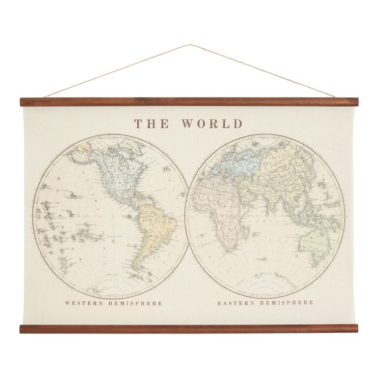 Hemisphere World Map Linen Scroll Wall Hanging image number 1
