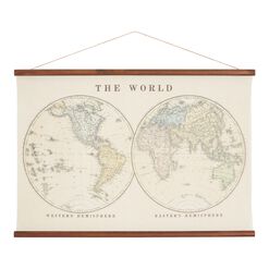 Hemisphere World Map Linen Scroll Wall Hanging