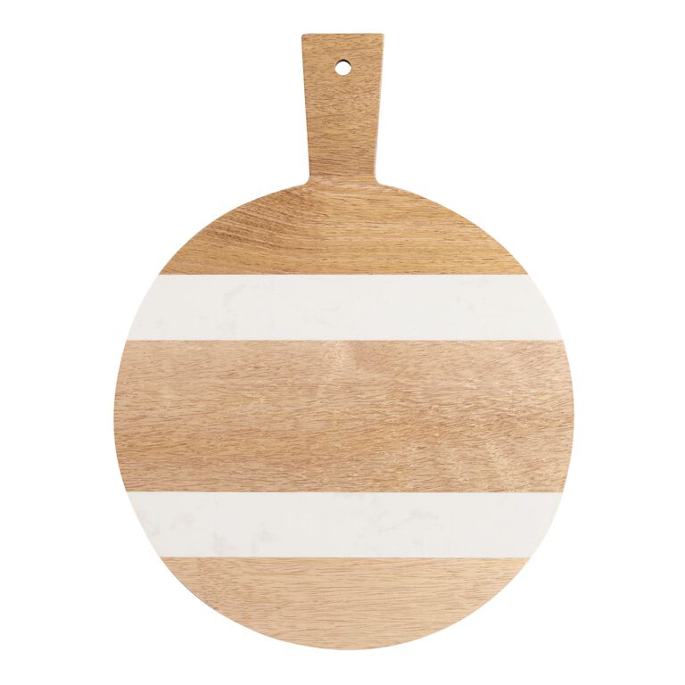 Small Round Wood and White Marble Paddle Cutting Board image number 1