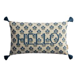 Teal Floral Embroidered Hello Lumbar Pillow