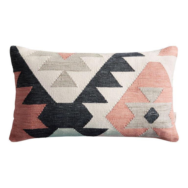 Black And Coral Geometric Indoor Outdoor Lumbar Pillow image number 1