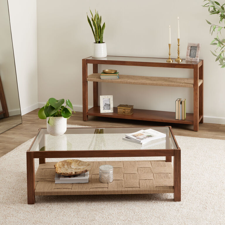 Lincoln Wood and Jute Glass Top Console Table with Shelves image number 2