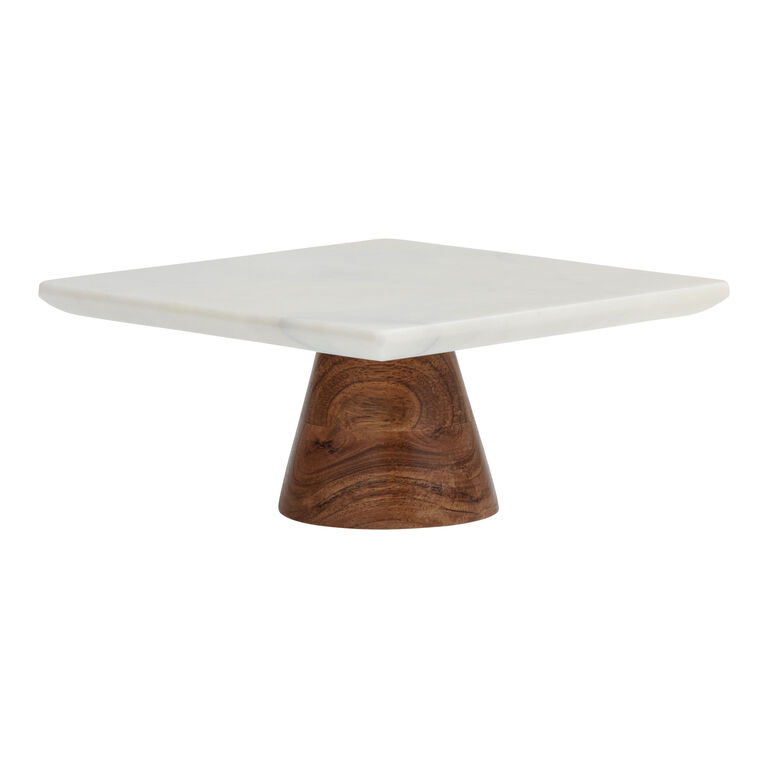 Square White Marble And Mango Wood Cake Stand image number 1