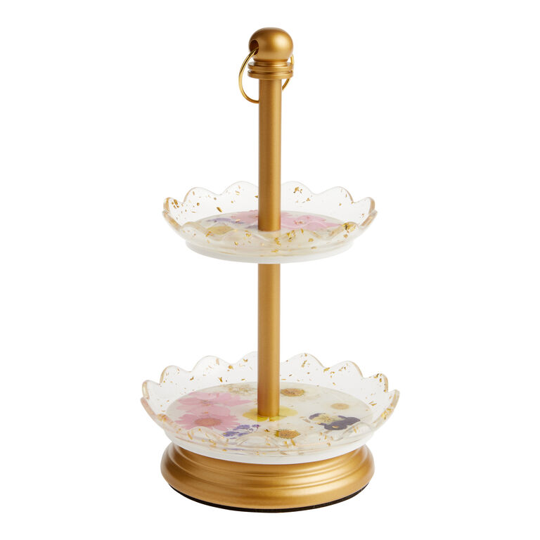 Gold Metal And Clear Resin Dried Flower 2 Tier Jewelry Stand image number 1