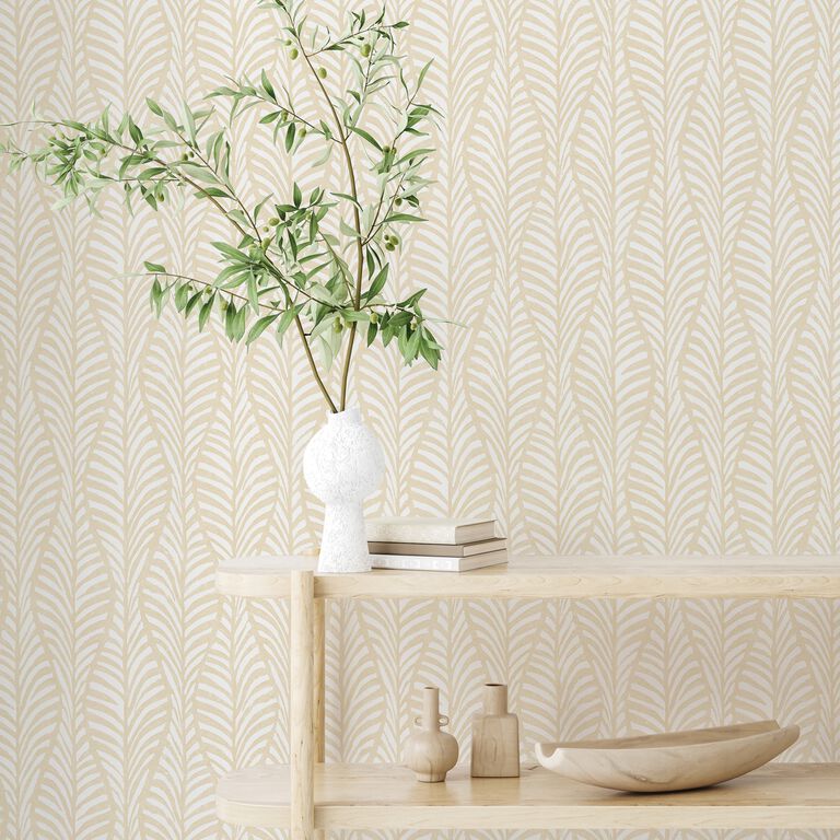 White And Clay Block Print Leaves Peel And Stick Wallpaper image number 2