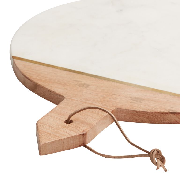 White Marble and Wood Cheese Serving Board and Knife Set image number 2
