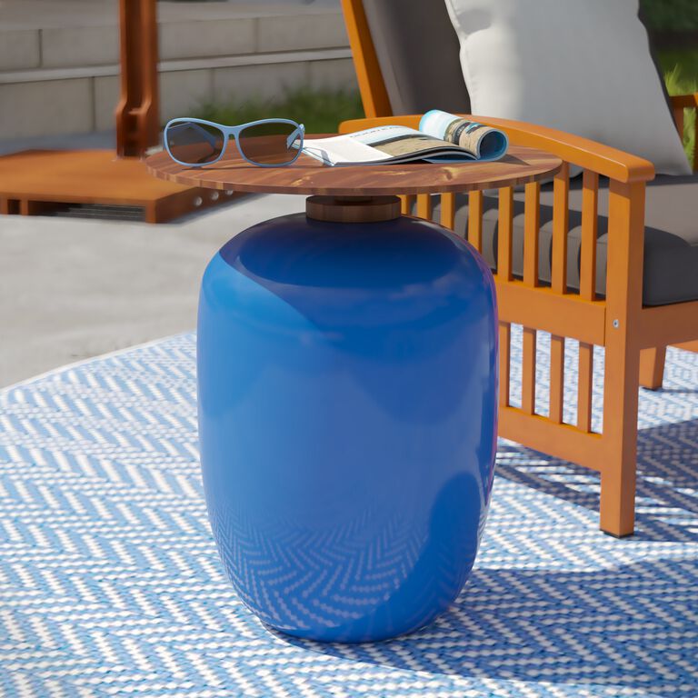 Round Blue Ceramic and Acacia Wood Outdoor End Table image number 2