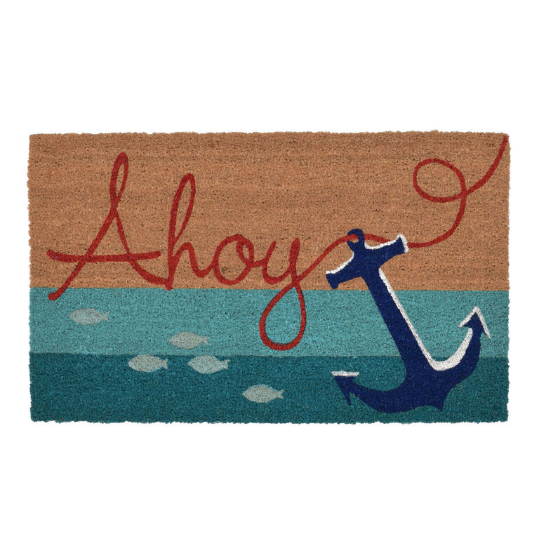 Red and Navy Blue Ahoy Anchor Coir Doormat image number 1