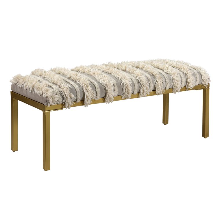 Gray Wool and Brass Upholstered Bench with Fringe image number 1