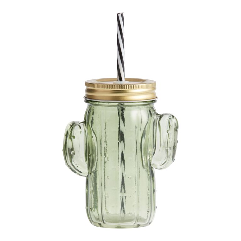 Green Glass Cactus Figural Drink Tumbler With Straw image number 1