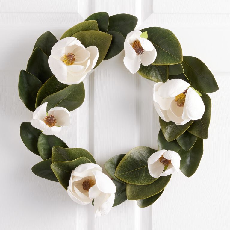 Faux Magnolia Flowers And Leaves Wreath image number 1