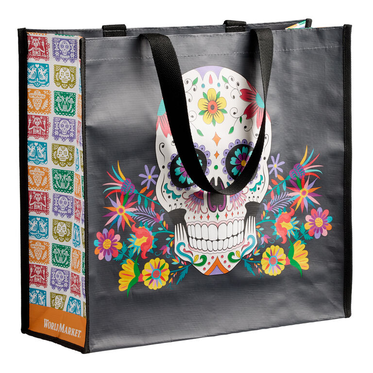 Large Black Sugar Skull And Floral Tote Bag Set of 2 image number 1