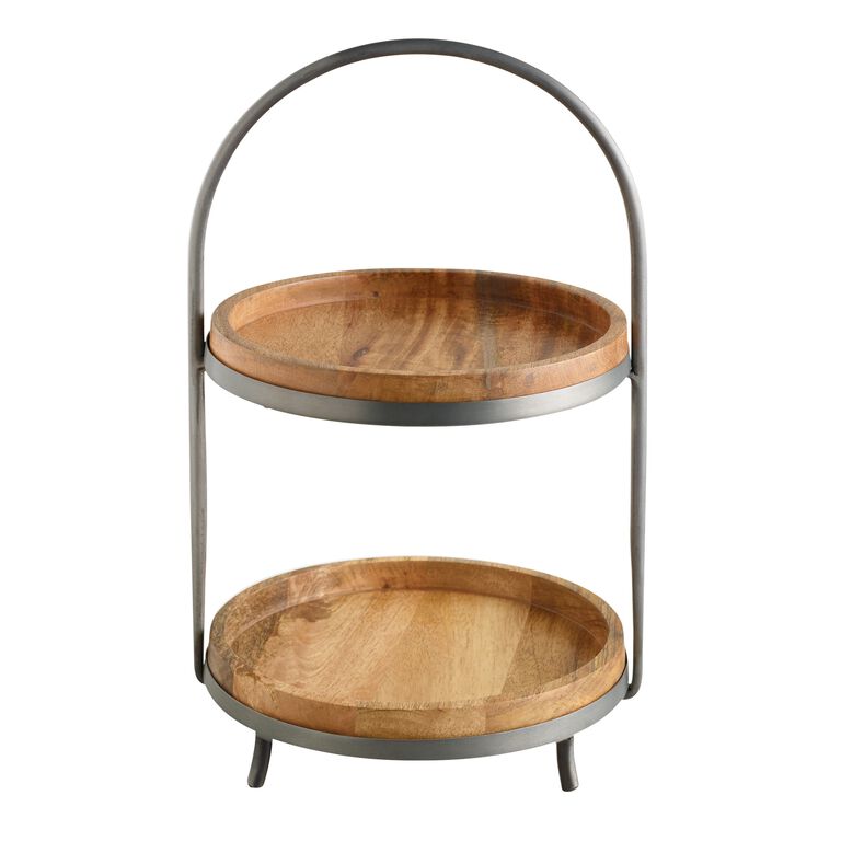 Round Mango Wood and Metal 2 Tier Serving Stand image number 2