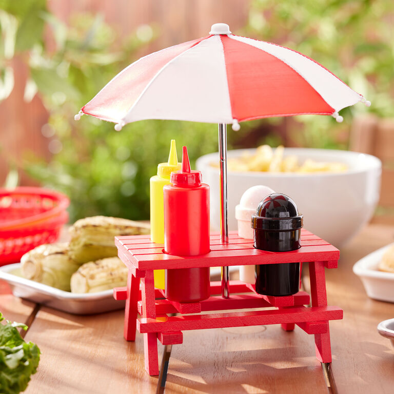 Mini Red Picnic Table with Umbrella BBQ Condiment Set image number 2