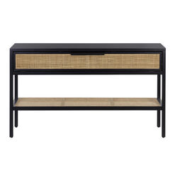 Leith Pine Wood and Rattan Cane Console Table with Shelf