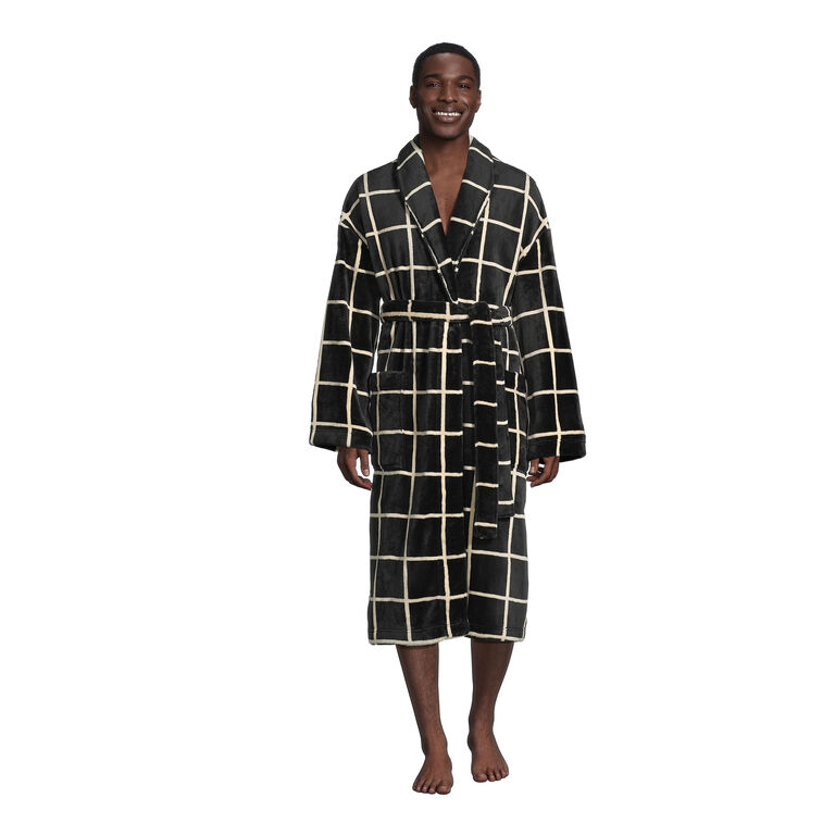 Black And White Windowpane Plaid Fleece Men's Robe image number 1