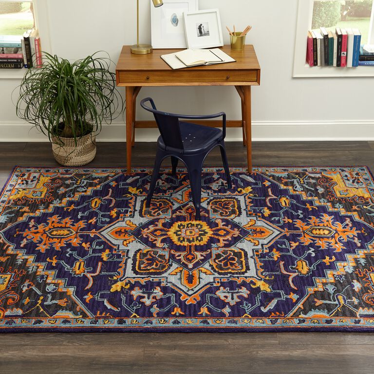 Zareen Navy and Orange Medallion Tufted Wool Area Rug image number 4