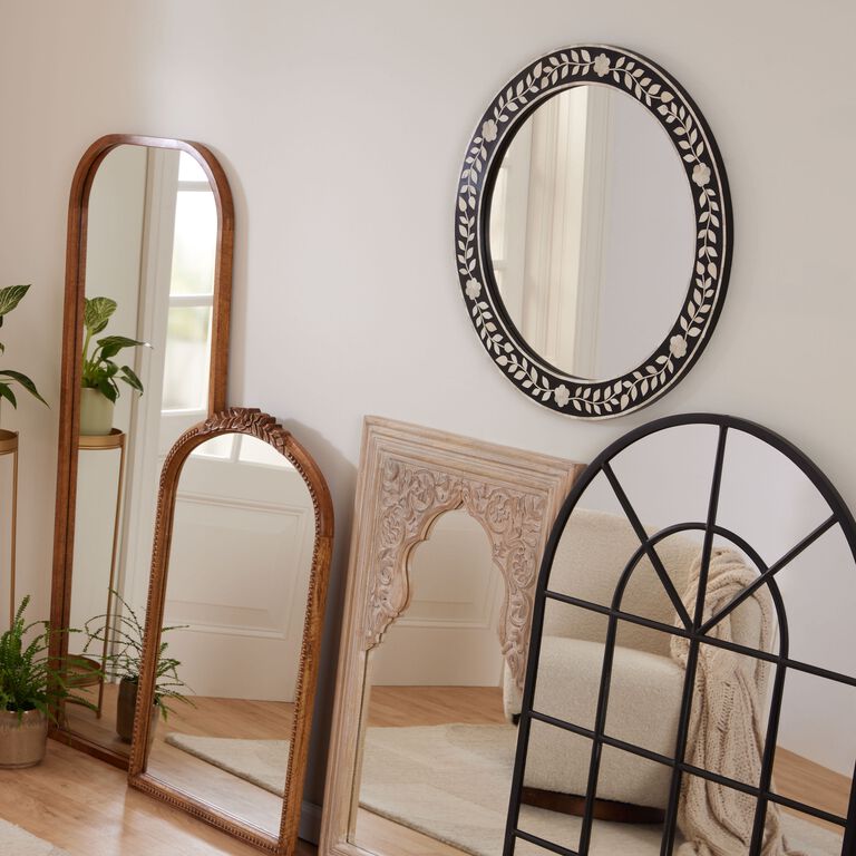 Round Black And White Floral Bone Inlay Wall Mirror image number 2