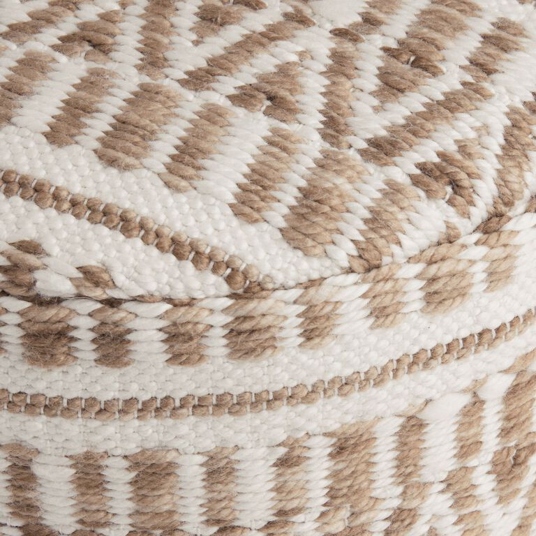 Round Taupe And Ivory Geometric Indoor Outdoor Pouf image number 5