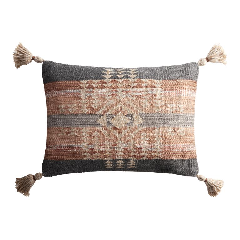 Nova Gray And Rust Kilim Indoor Outdoor Lumbar Pillow image number 1