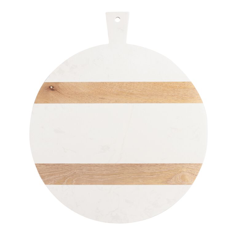 Large Round White Marble and Wood Paddle Cutting Board image number 1