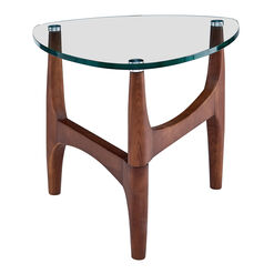 Kayla Triangular Walnut Wood and Glass Top Side Table