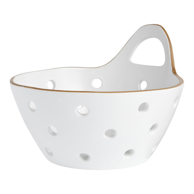 Small White and Brown Reactive Glaze Ceramic Colander image number 1