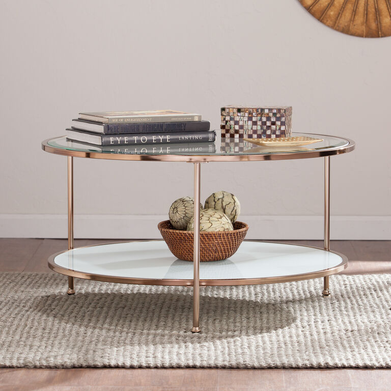 Clavell Round Gold Metal And Glass Coffee Table With Shelf image number 2