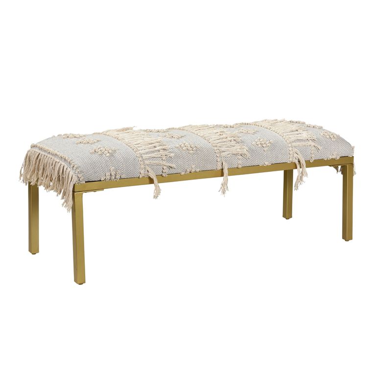 Gray Wool and Brass Upholstered Bench with Tassels image number 1