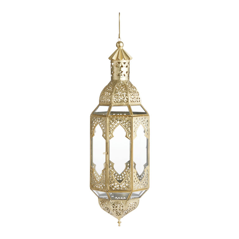Latika Tall Antique Gold Hanging Candle Lantern image number 1